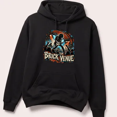Vintage concert art t-shirt featuring a rock guitarist with bold text — printed on a unisex hoodie