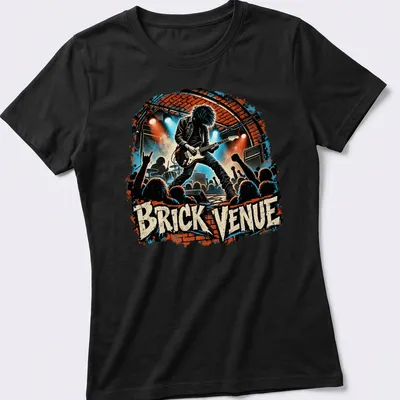 Vintage concert art t-shirt featuring a rock guitarist with bold text — printed on a women's shirt