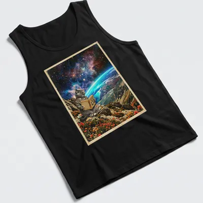 British Shorthair cat reading cosmic maps in a colorful surreal landscape — printed on a tank top