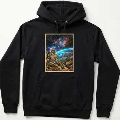 British Shorthair cat reading cosmic maps in a colorful surreal landscape — printed on a unisex hoodie