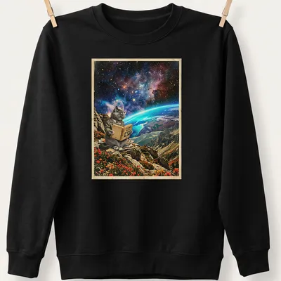 British Shorthair cat reading cosmic maps in a colorful surreal landscape — printed on a unisex sweatshirt