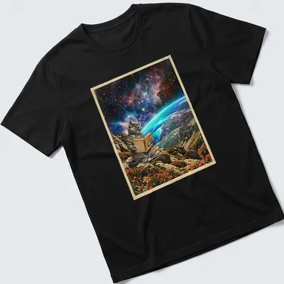 British Shorthair cat reading cosmic maps in a colorful surreal landscape