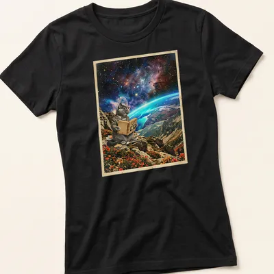 British Shorthair cat reading cosmic maps in a colorful surreal landscape — printed on a women's shirt