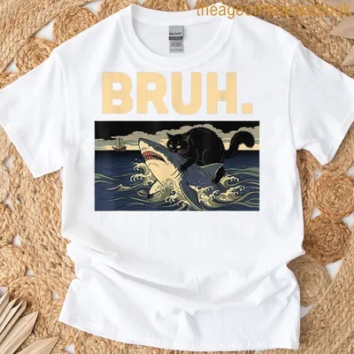 Illustration of a black cat riding a shark with the word BRUH above in bold text