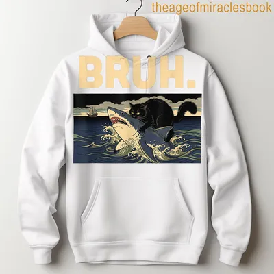 Illustration of a black cat riding a shark with the word BRUH above in bold text — printed on a unisex hoodie