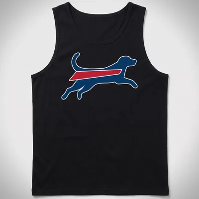 Silhouette graphic of a running dog in Buffalo Bills colors of blue, red, and white — printed on a tank top