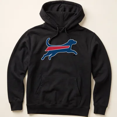 Silhouette graphic of a running dog in Buffalo Bills colors of blue, red, and white — printed on a unisex hoodie
