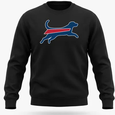 Silhouette graphic of a running dog in Buffalo Bills colors of blue, red, and white — printed on a unisex sweatshirt