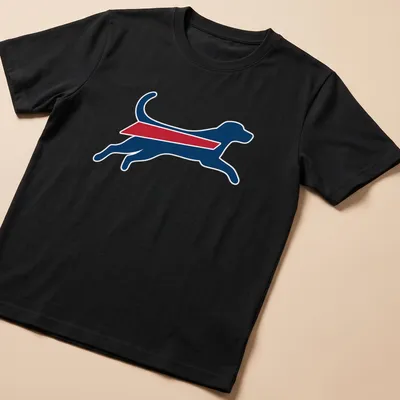 Silhouette graphic of a running dog in Buffalo Bills colors of blue, red, and white