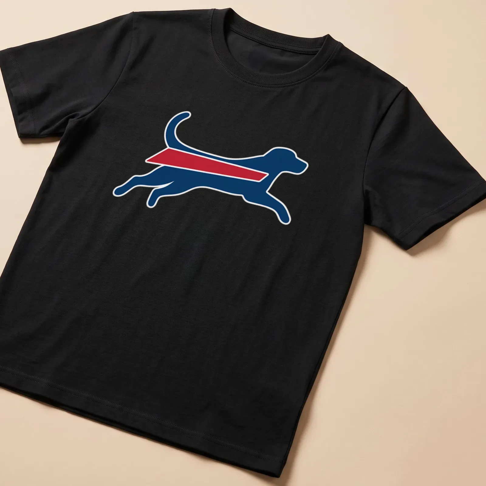 Silhouette graphic of a running dog in Buffalo Bills colors of blue, red, and white — printed on a unisex t-shirt