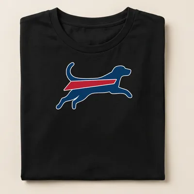 Silhouette graphic of a running dog in Buffalo Bills colors of blue, red, and white — printed on a women's shirt