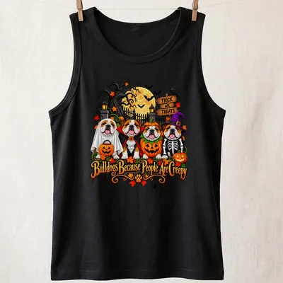 Colorful cartoon bulldogs in Halloween costumes with playful text — printed on a tank top