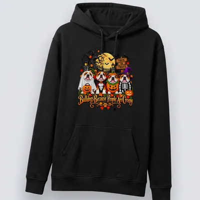 Colorful cartoon bulldogs in Halloween costumes with playful text — printed on a unisex hoodie