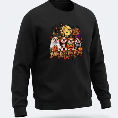 Colorful cartoon bulldogs in Halloween costumes with playful text — printed on a unisex sweatshirt