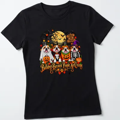 Colorful cartoon bulldogs in Halloween costumes with playful text — printed on a women's shirt