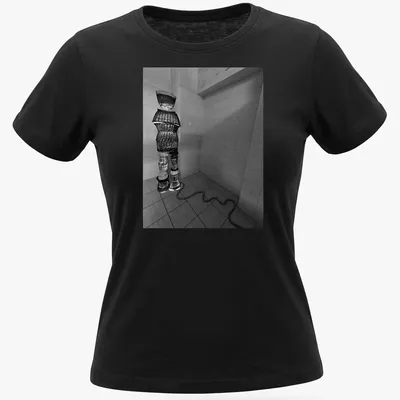 Black and white woven figure design representing winter travel. — printed on a women's shirt