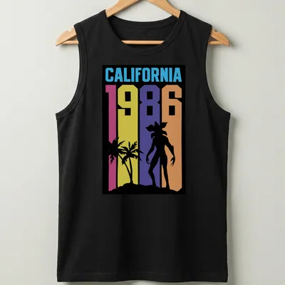 Retro California sunset silhouette t-shirt with vibrant colors and palm trees. — printed on a tank top