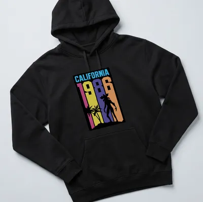 Retro California sunset silhouette t-shirt with vibrant colors and palm trees. — printed on a unisex hoodie