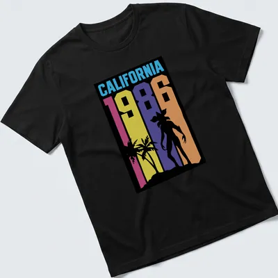 Retro California sunset silhouette t-shirt with vibrant colors and palm trees.