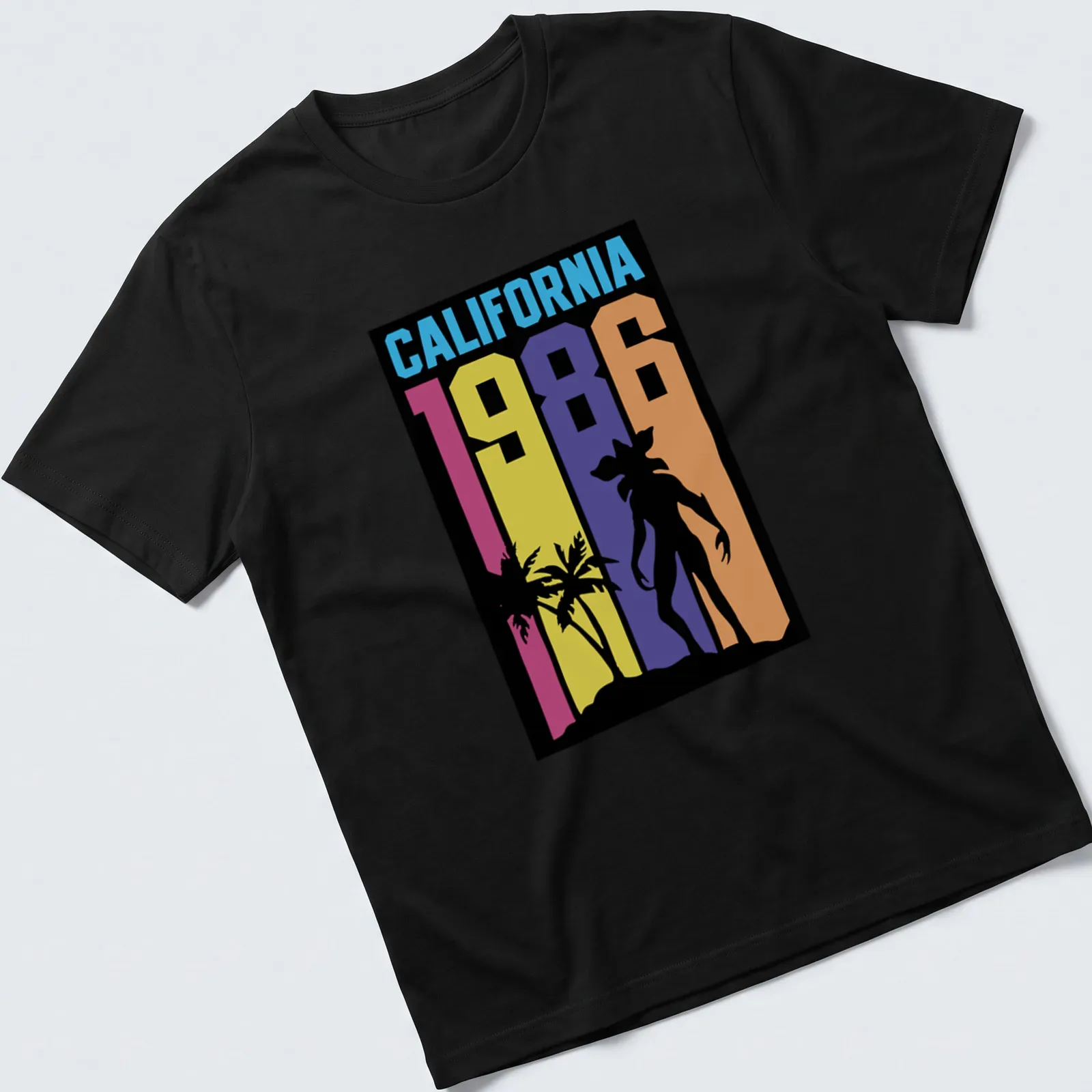 Retro California sunset silhouette t-shirt with vibrant colors and palm trees. — printed on a unisex t-shirt