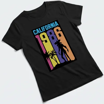 Retro California sunset silhouette t-shirt with vibrant colors and palm trees. — printed on a women's shirt