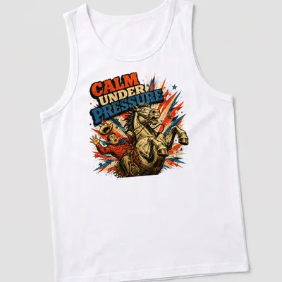 Comic style graphic of cowboy bucking on a horse with bold text above — printed on a tank top