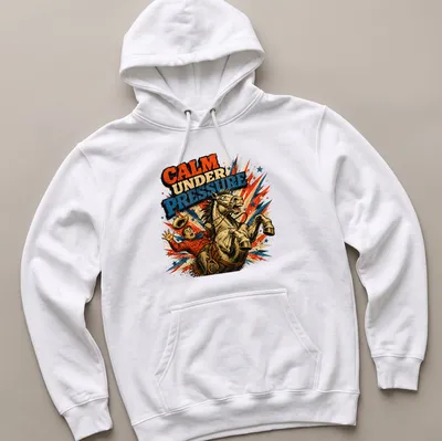 Comic style graphic of cowboy bucking on a horse with bold text above — printed on a unisex hoodie