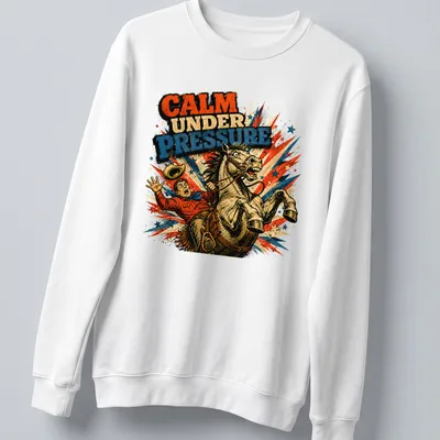 Comic style graphic of cowboy bucking on a horse with bold text above — printed on a unisex sweatshirt