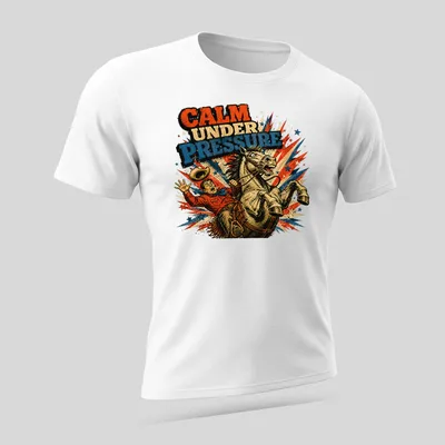 Comic style graphic of cowboy bucking on a horse with bold text above — printed on a unisex t-shirt (angled view)