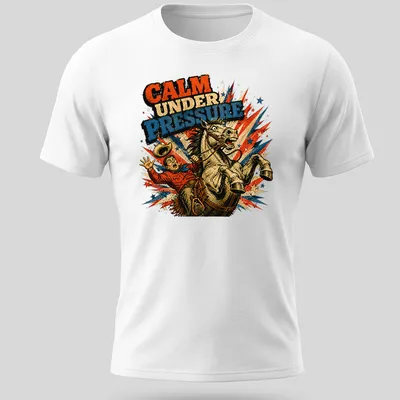 Comic style graphic of cowboy bucking on a horse with bold text above