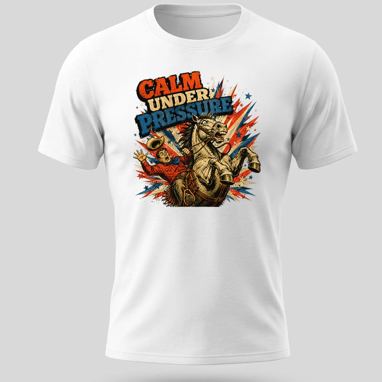 Comic style graphic of cowboy bucking on a horse with bold text above — printed on a unisex t-shirt