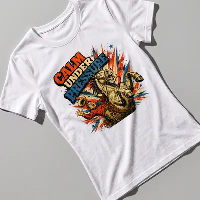 Comic style graphic of cowboy bucking on a horse with bold text above — printed on a women's shirt