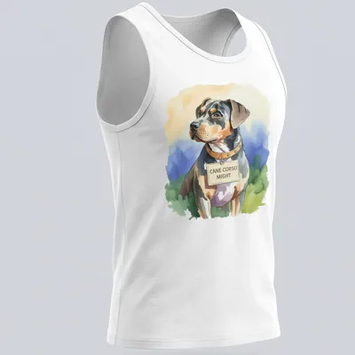 Watercolor portrait of a Cane Corso dog with text 'CANE CORSO MIGHT' in soft colors — printed on a tank top