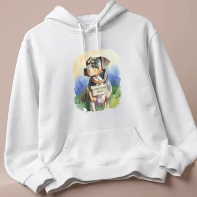 Watercolor portrait of a Cane Corso dog with text 'CANE CORSO MIGHT' in soft colors — printed on a unisex hoodie