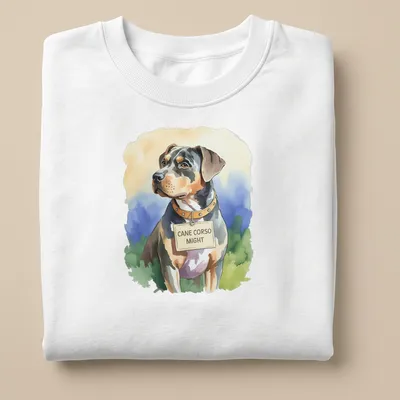 Watercolor portrait of a Cane Corso dog with text 'CANE CORSO MIGHT' in soft colors — printed on a unisex sweatshirt