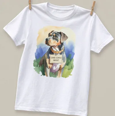 Watercolor portrait of a Cane Corso dog with text 'CANE CORSO MIGHT' in soft colors