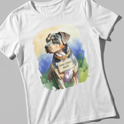 Watercolor portrait of a Cane Corso dog with text 'CANE CORSO MIGHT' in soft colors — printed on a women's shirt