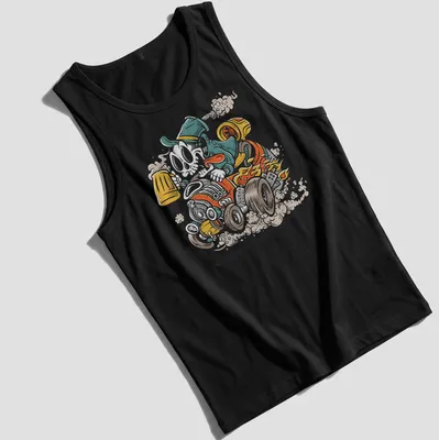 Cartoon hot rod skull racer with beer in vibrant colors — printed on a tank top