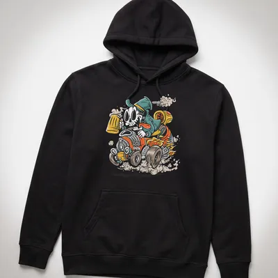 Cartoon hot rod skull racer with beer in vibrant colors — printed on a unisex hoodie