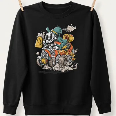 Cartoon hot rod skull racer with beer in vibrant colors — printed on a unisex sweatshirt