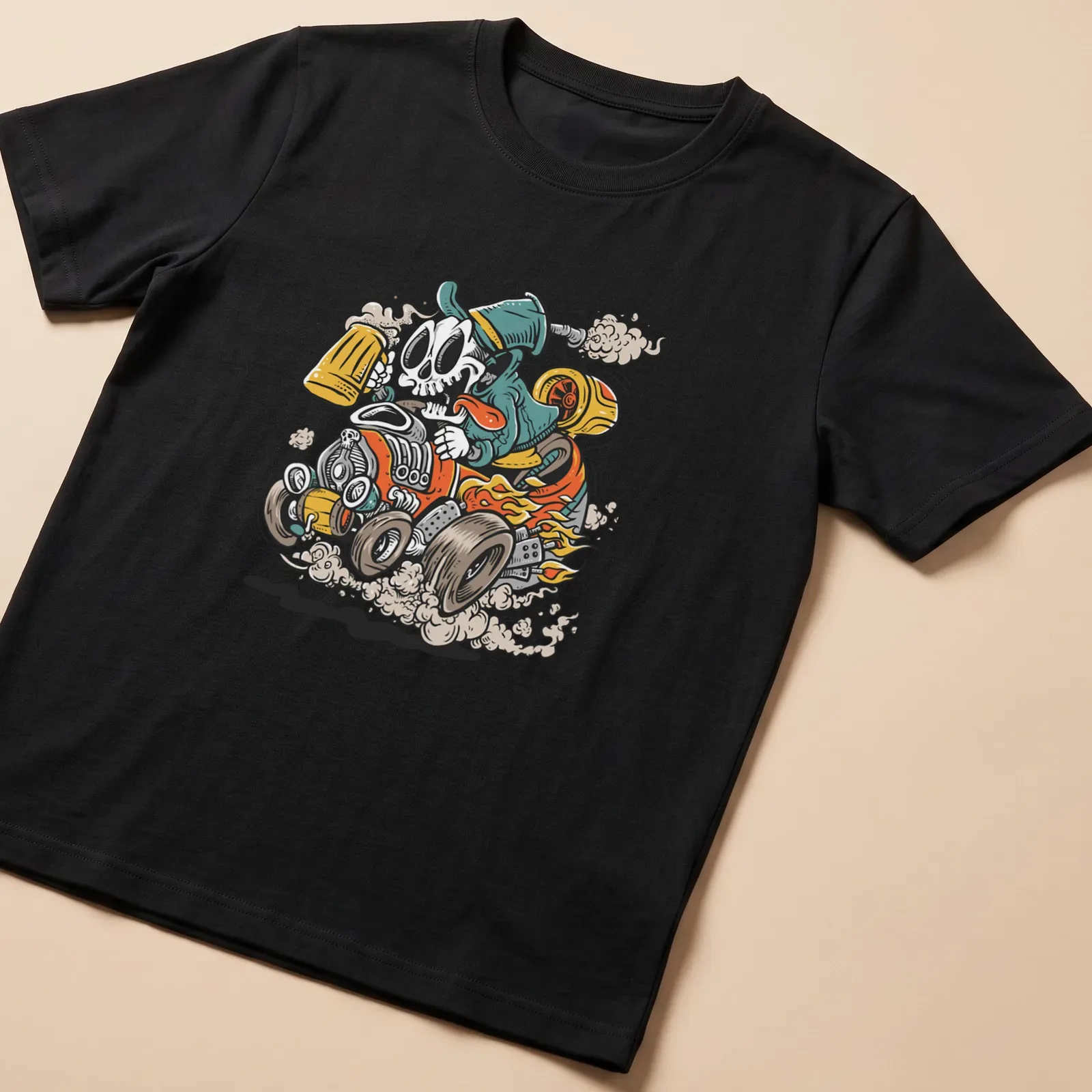 Cartoon hot rod skull racer with beer in vibrant colors — printed on a unisex t-shirt