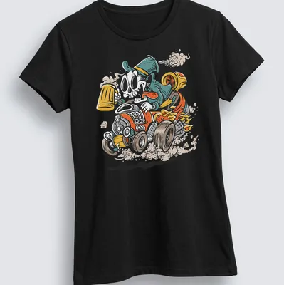 Cartoon hot rod skull racer with beer in vibrant colors — printed on a women's shirt