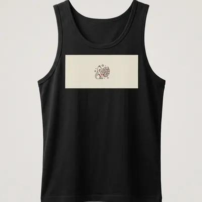 Minimalist monoline design of a cat intertwined with a monstera leaf — printed on a tank top