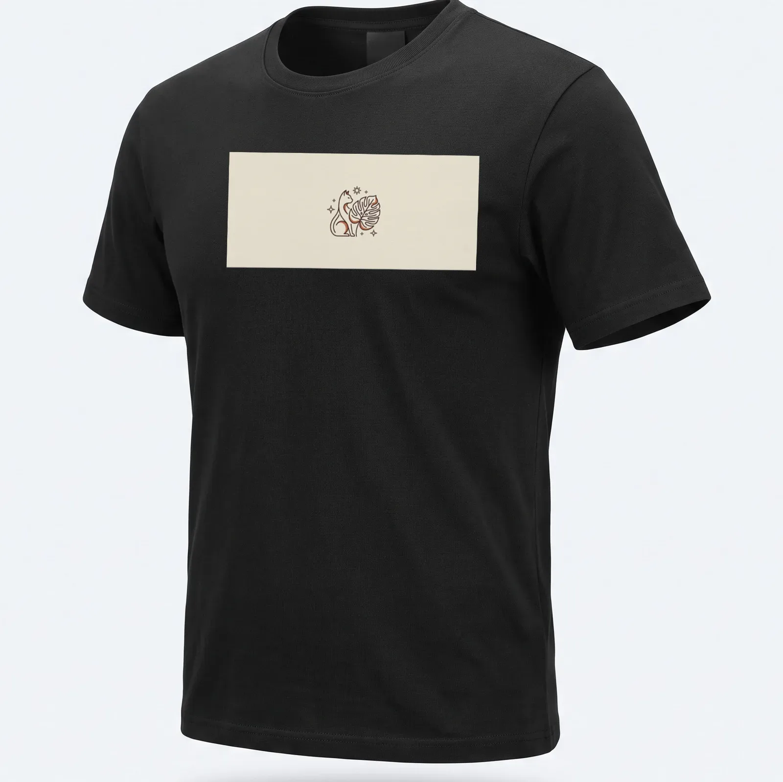 Minimalist monoline design of a cat intertwined with a monstera leaf — printed on a unisex t-shirt