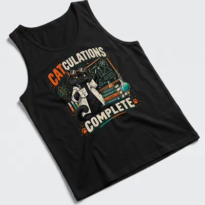 Colorful cartoon cat in lab coat with humorous science text — printed on a tank top