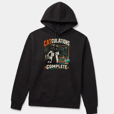 Colorful cartoon cat in lab coat with humorous science text — printed on a unisex hoodie
