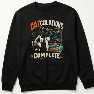 Colorful cartoon cat in lab coat with humorous science text — printed on a unisex sweatshirt