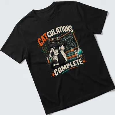 Colorful cartoon cat in lab coat with humorous science text — printed on a unisex t-shirt
