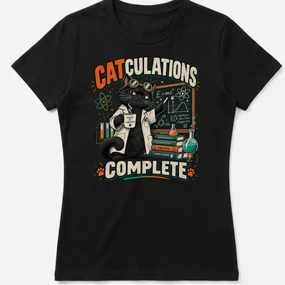 Colorful cartoon cat in lab coat with humorous science text — printed on a women's shirt