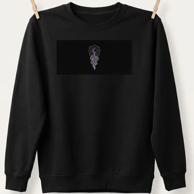 Silhouette of a serpent dagger intertwined with celestial elements in black, purple, and white. — printed on a unisex sweatshirt